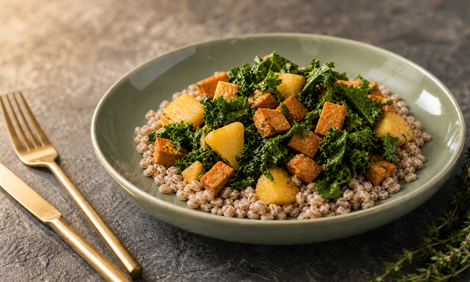Farro Bowl A wide bowl holding a bed of farro topped with pineapple, kale, and tempeh.
